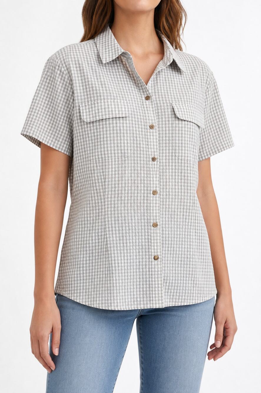 Eddie Bauer Women Departure Gingham Button Up Short Sleeve Shirt Gray XL Hiking